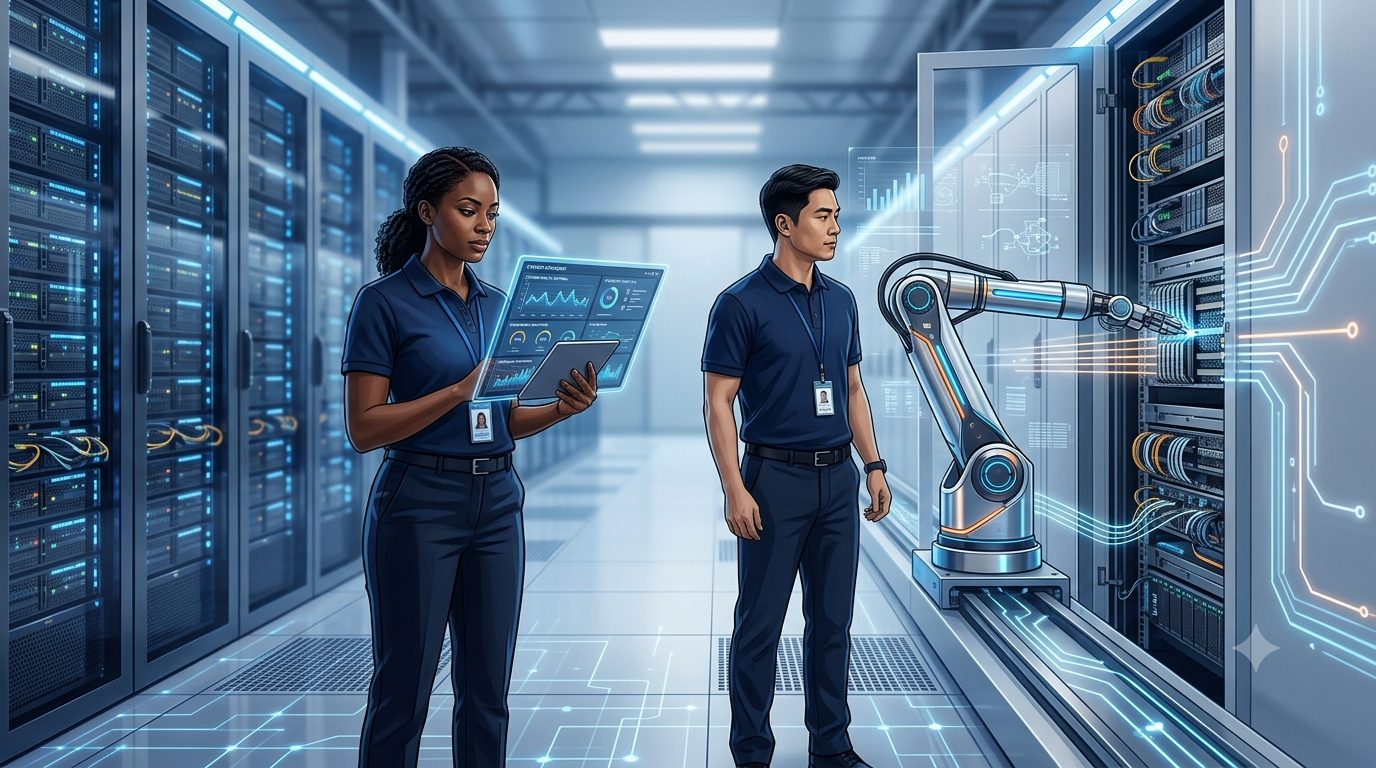 Engineers using automated monitoring tools alongside a robotic arm in a data center, representing automation's role in modern data center jobs.