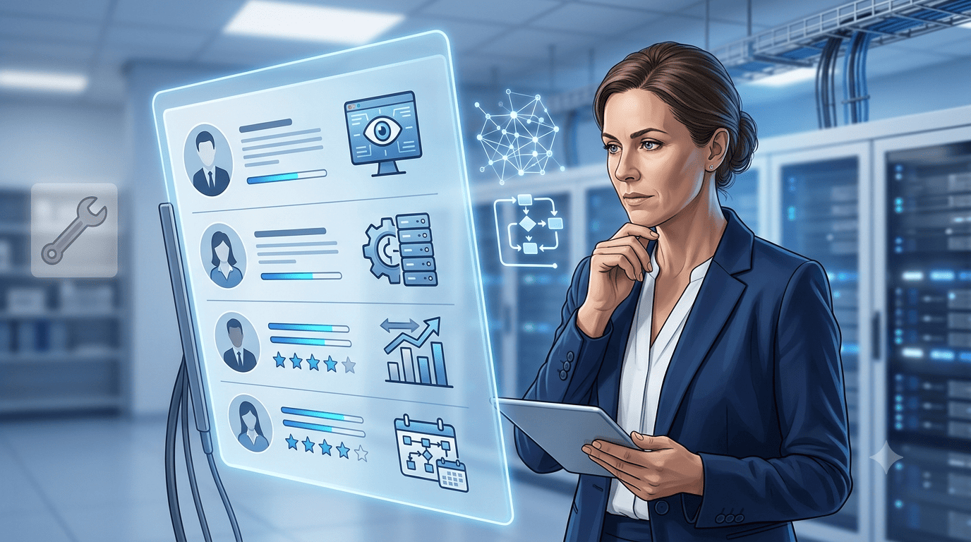 Hiring manager evaluating candidate skills on a digital dashboard, illustrating the shift toward systems-focused hiring in data centers.