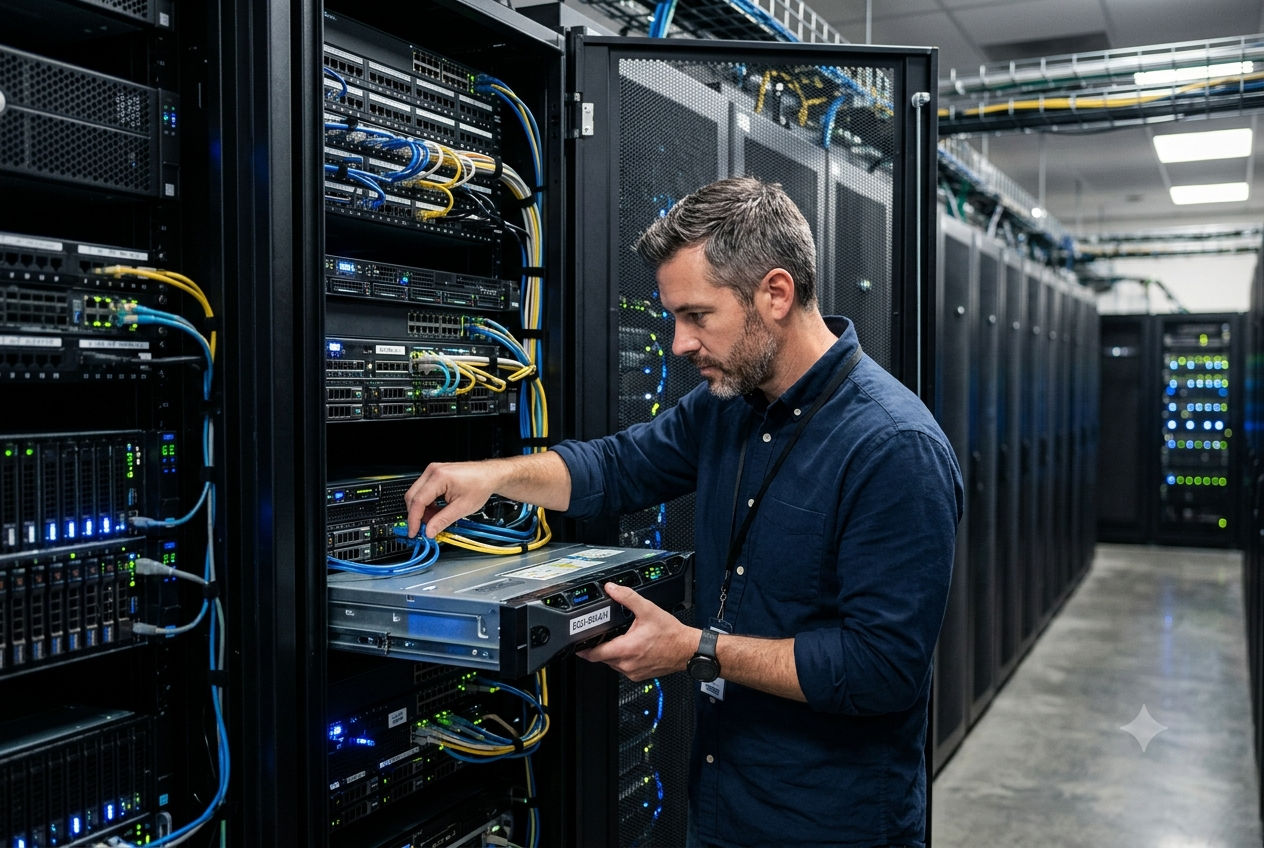 A mid-career IT technician in a dark blue button-down shirt adjusts a rack-mounted server in a modern data center aisle lined with cabinets and glowing status lights.