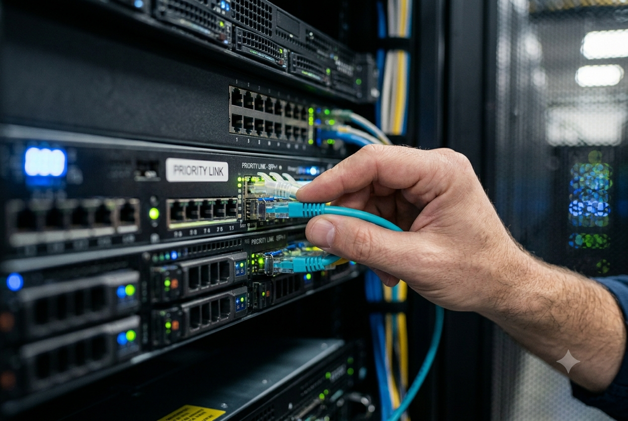 A technician's hand connecting a teal Ethernet cable into a network switch port in a data center server rack.