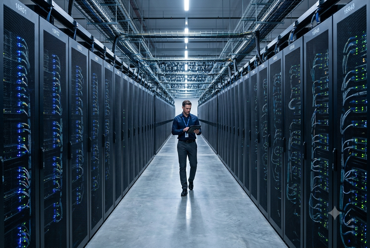 A data center professional walks down a long server aisle holding a tablet, flanked by towering rows of server cabinets.