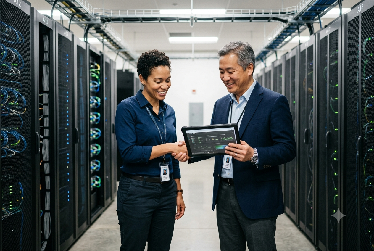 Two data center professionals shake hands while reviewing data on a tablet in a server aisle.