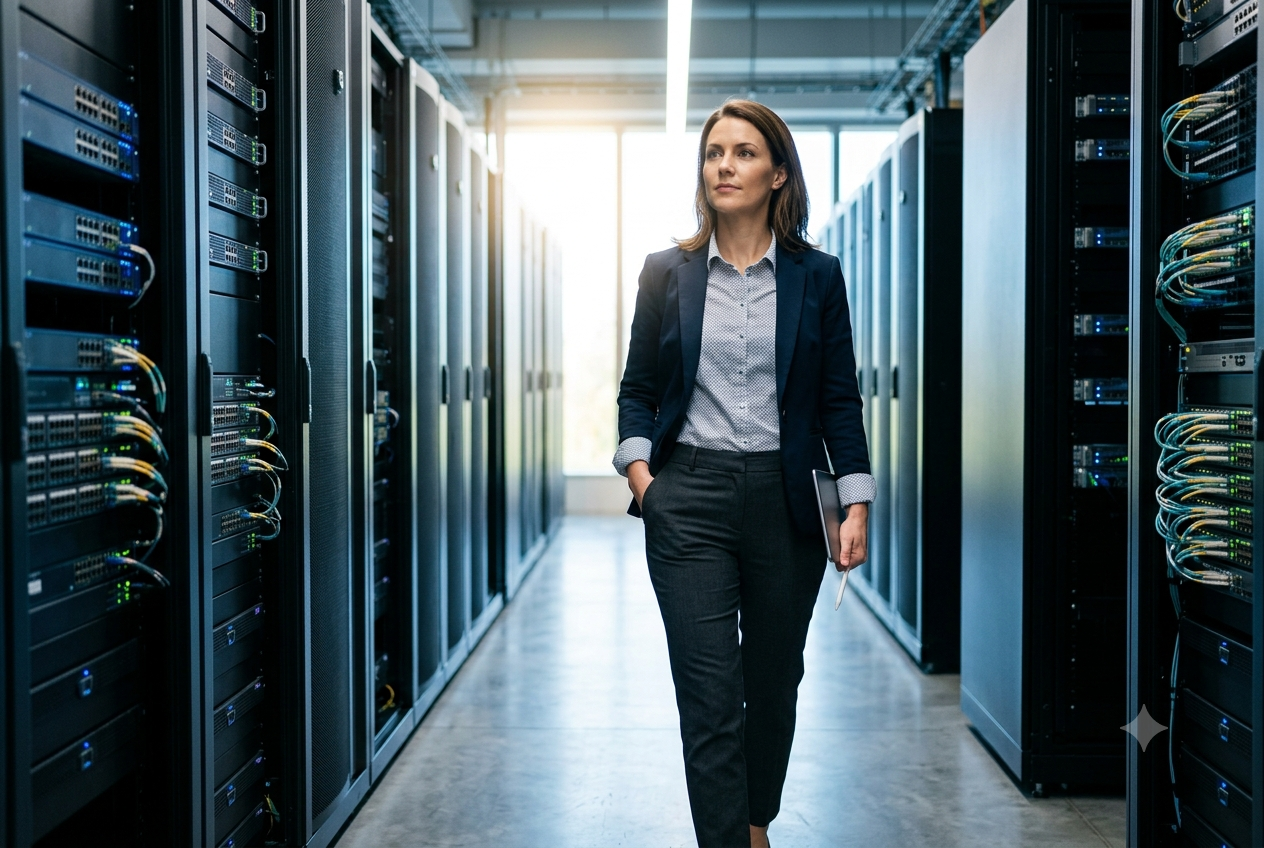 A confident professional woman in a blazer walks down a data center aisle holding a tablet, with daylight ahead.