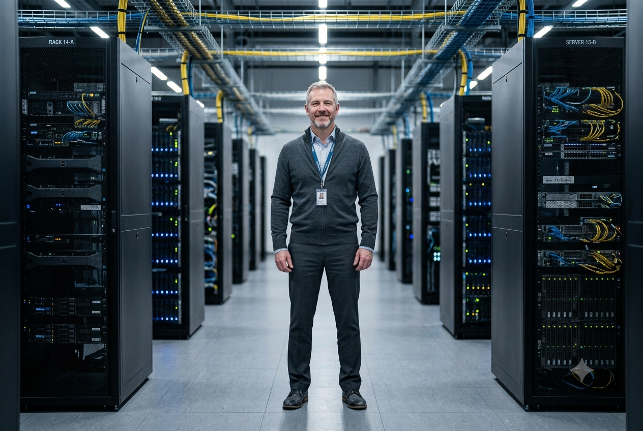 A confident data center professional stands smiling in the center of a server aisle lined with cabinets and status lights.