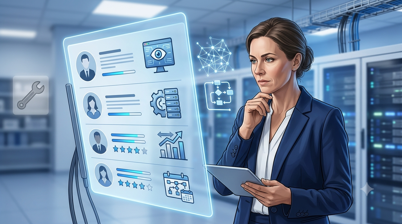 Hiring manager evaluating candidate skills on a digital dashboard, illustrating the shift toward systems-focused hiring in data centers.