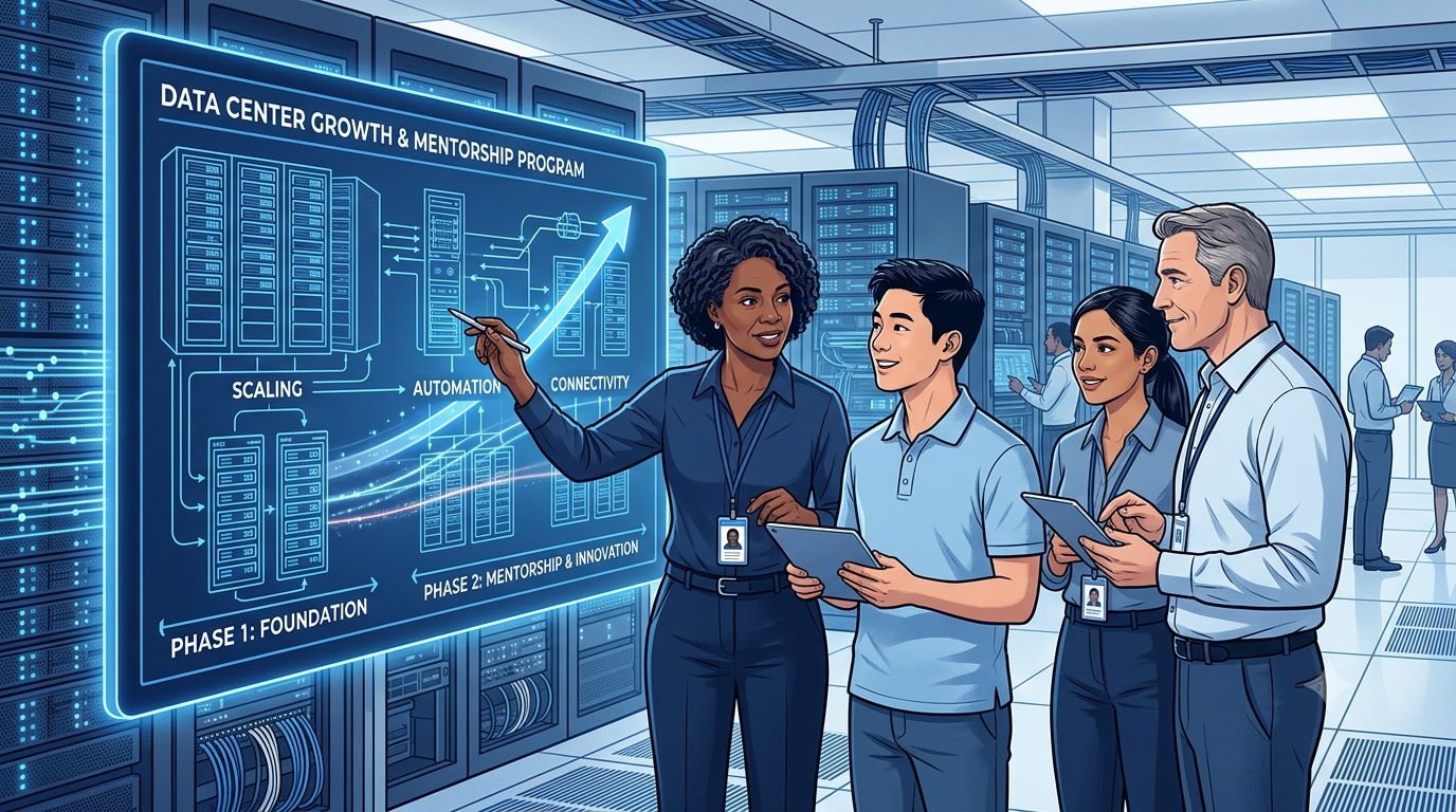 Illustration of a diverse team of data center professionals in a server room reviewing a digital dashboard labeled "Data Center Growth & Mentorship Program," showing phases for scaling, automation, and connectivity.