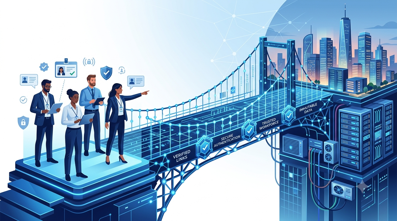 Illustration of professionals crossing a digital bridge labeled with verified links, secure authentication, and trusted workforce, connecting to a data center infrastructure and city skyline, symbolizing verified talent connections.
