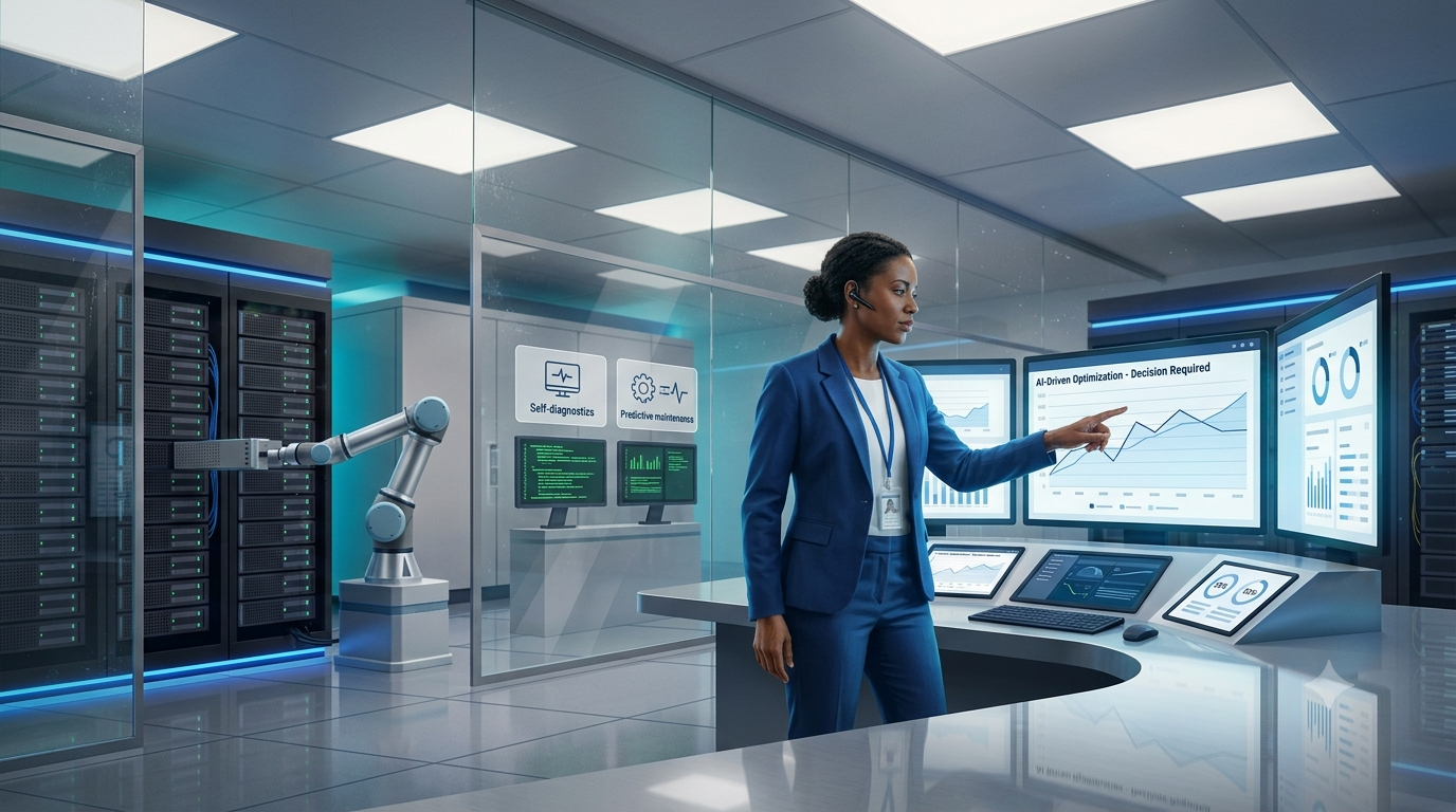 Illustration of a professional overseeing a data center control station with AI-driven optimization dashboards, while a robotic arm and self-diagnostic screens handle automated maintenance in the background.