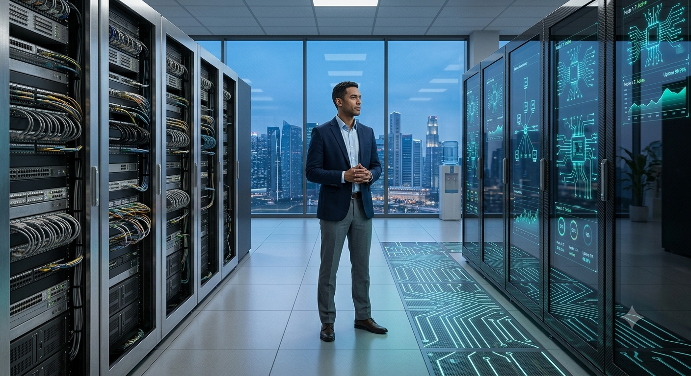 Illustration of a professional standing between traditional server racks and glass panels displaying real-time system diagnostics, with a city skyline visible through the windows, representing modern data center infrastructure.
