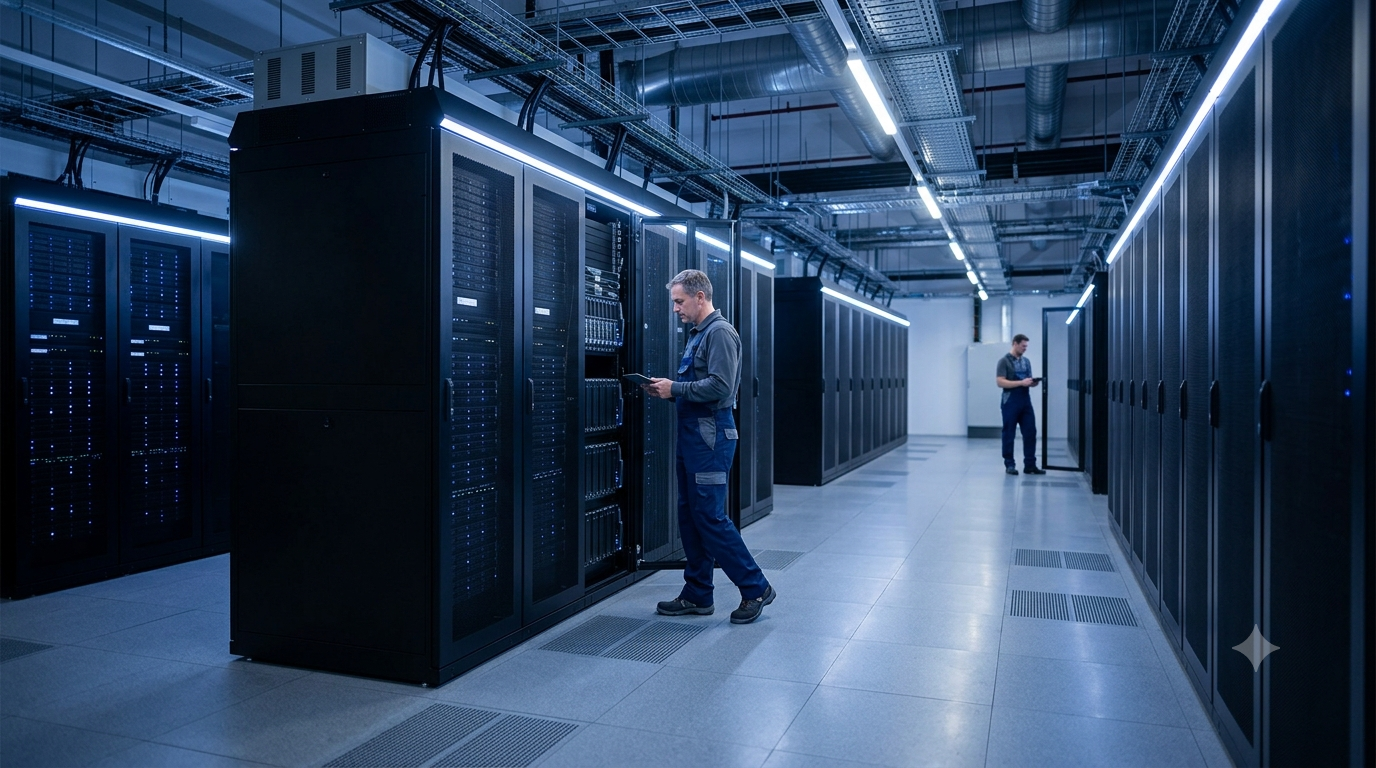 Data center technicians working in a German facility, reflecting the country's strong engineering-driven infrastructure demand.
