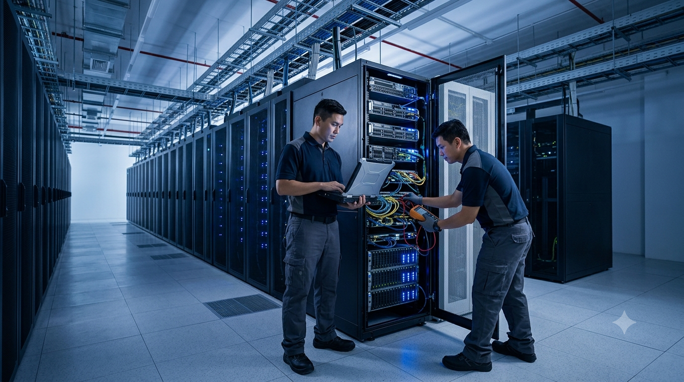 Data center technicians performing maintenance on server infrastructure, reflecting Singapore's role as a key Asian digital hub.